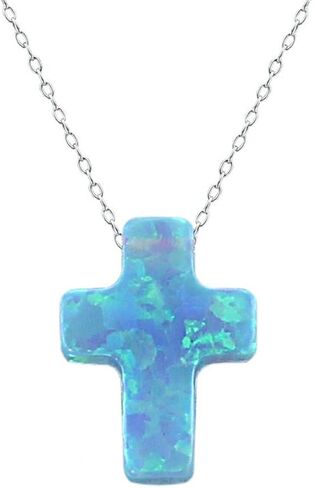 ZS Blue Opal Cross Pendant Choker Necklace Sterling Silver Charming Collar Necklace in Saudi Arabia