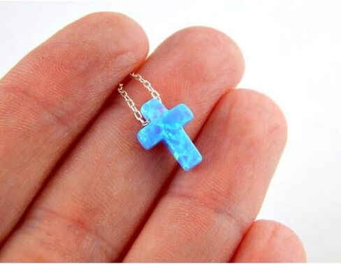 ZS Blue Opal Cross Pendant Choker Necklace Sterling Silver Charming Collar Necklace in Saudi Arabia