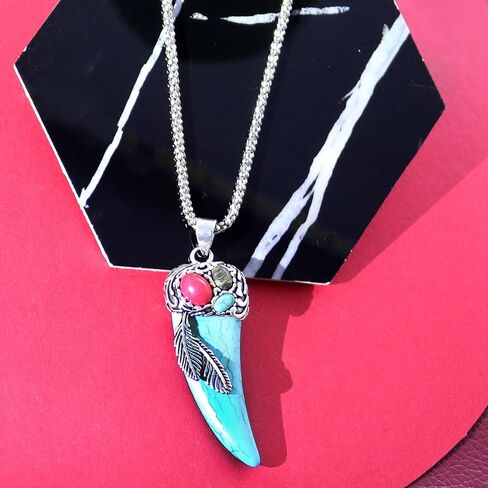 Retro Simulated Turquoise Horn Feather Pendant Necklace Uniquely Stylish Gothic Hip Hop Punk Crystal Statement Pendant Necklaces Jewelry Gifts for Men Boys in Saudi Arabia