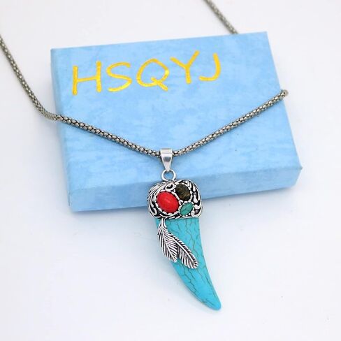 Retro Simulated Turquoise Horn Feather Pendant Necklace Uniquely Stylish Gothic Hip Hop Punk Crystal Statement Pendant Necklaces Jewelry Gifts for Men Boys in Saudi Arabia