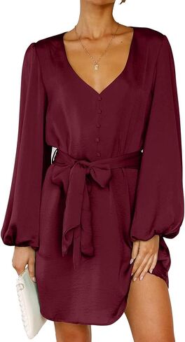 BTFBM 2023 Women's Long Puff Sleeve Satin Dress Casual V Neck Belted Short Spring Summer Party Cocktail Mini Dresses in Saudi Arabia