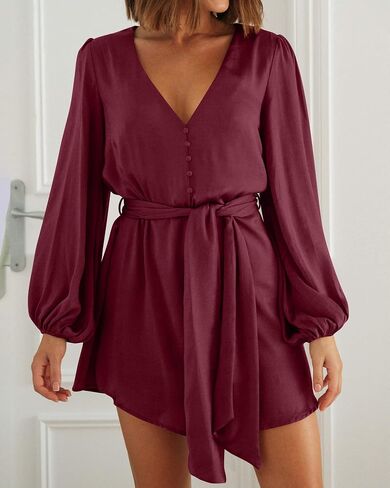 BTFBM 2023 Women's Long Puff Sleeve Satin Dress Casual V Neck Belted Short Spring Summer Party Cocktail Mini Dresses in Saudi Arabia