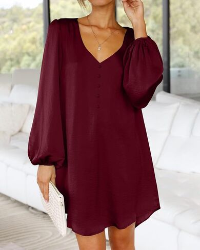BTFBM 2023 Women's Long Puff Sleeve Satin Dress Casual V Neck Belted Short Spring Summer Party Cocktail Mini Dresses in Saudi Arabia