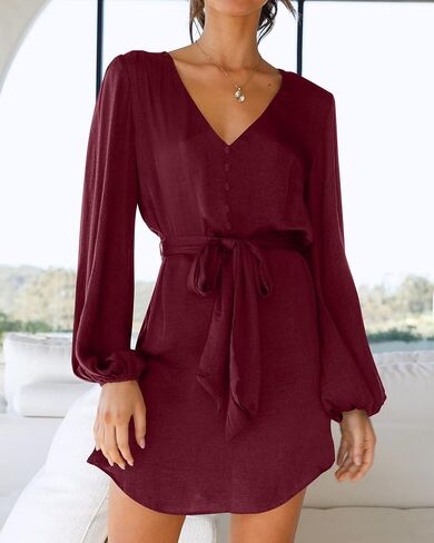 BTFBM 2023 Women's Long Puff Sleeve Satin Dress Casual V Neck Belted Short Spring Summer Party Cocktail Mini Dresses in Saudi Arabia