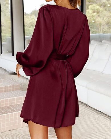 BTFBM 2023 Women's Long Puff Sleeve Satin Dress Casual V Neck Belted Short Spring Summer Party Cocktail Mini Dresses in Saudi Arabia