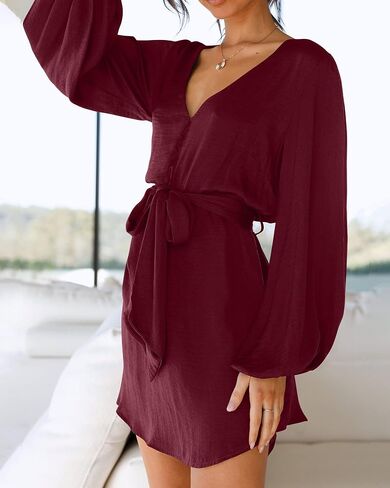 BTFBM 2023 Women's Long Puff Sleeve Satin Dress Casual V Neck Belted Short Spring Summer Party Cocktail Mini Dresses in Saudi Arabia