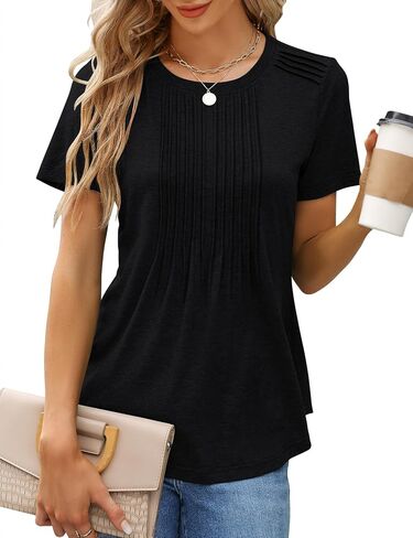 Womens Summer Casual Tops Short Sleeve Shirts Crewneck Pleated Front Tunic Tops to Wear with Leggings in Saudi Arabia