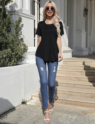 Womens Summer Casual Tops Short Sleeve Shirts Crewneck Pleated Front Tunic Tops to Wear with Leggings in Saudi Arabia