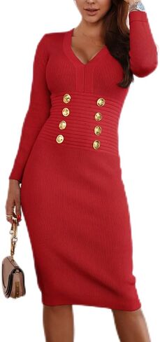 فستان Yuanlar نسائي مثير بياقة على شكل V وأكمام طويلة منسوج بقصة ضيقة وأزرار، فستان متوسط ​​الطول in Kuwait