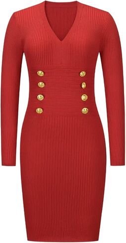 فستان Yuanlar نسائي مثير بياقة على شكل V وأكمام طويلة منسوج بقصة ضيقة وأزرار، فستان متوسط ​​الطول in Kuwait