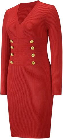 فستان Yuanlar نسائي مثير بياقة على شكل V وأكمام طويلة منسوج بقصة ضيقة وأزرار، فستان متوسط ​​الطول in Kuwait