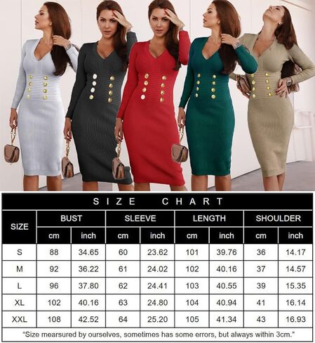 فستان Yuanlar نسائي مثير بياقة على شكل V وأكمام طويلة منسوج بقصة ضيقة وأزرار، فستان متوسط ​​الطول in Kuwait