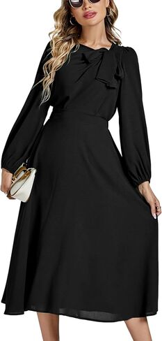 LYANER Women's Elegant Bow Tie Crew Neck Puff Long Sleeves A-Line Swing Midi Dress Black Medium in Saudi Arabia