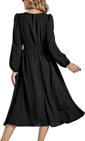 LYANER Women's Elegant Bow Tie Crew Neck Puff Long Sleeves A-Line Swing Midi Dress Black Medium in Saudi Arabia
