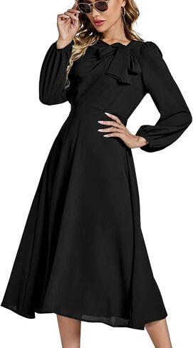 LYANER Women's Elegant Bow Tie Crew Neck Puff Long Sleeves A-Line Swing Midi Dress Black Medium in Saudi Arabia