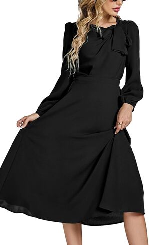 LYANER Women's Elegant Bow Tie Crew Neck Puff Long Sleeves A-Line Swing Midi Dress Black Medium in Saudi Arabia