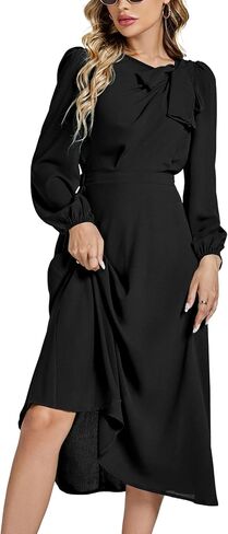 LYANER Women's Elegant Bow Tie Crew Neck Puff Long Sleeves A-Line Swing Midi Dress Black Medium in Saudi Arabia