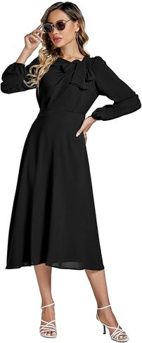 LYANER Women's Elegant Bow Tie Crew Neck Puff Long Sleeves A-Line Swing Midi Dress Black Medium in Saudi Arabia