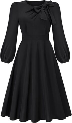 LYANER Women's Elegant Bow Tie Crew Neck Puff Long Sleeves A-Line Swing Midi Dress Black Medium in Saudi Arabia