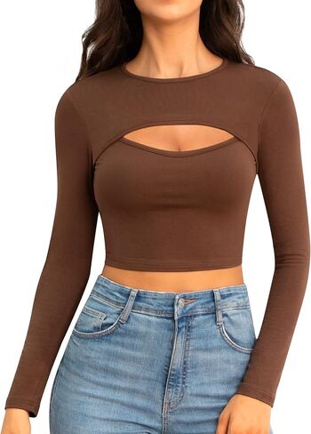 CLOZOZ قطع علوية للنساء كم طويل المحاصيل الأعلى مثير Crewneck القمم سليم المجهزة تي شيرت الخروج بلايز للنساء in Kuwait