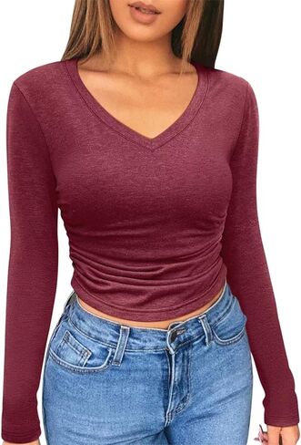 Micticsi Womens V Neck Long Sleeve Crop Top Slim Fitted Cropped T Shirts Going Out Ruched Tops in Kuwait