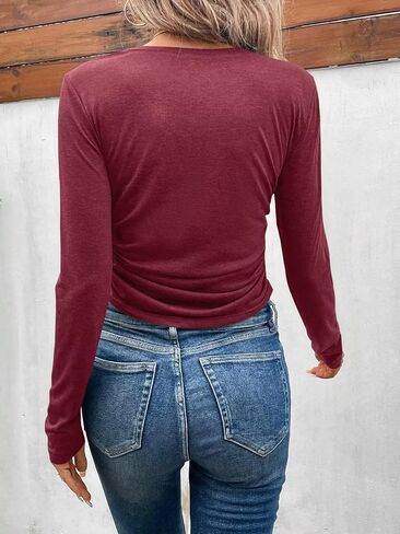 Micticsi Womens V Neck Long Sleeve Crop Top Slim Fitted Cropped T Shirts Going Out Ruched Tops in Kuwait