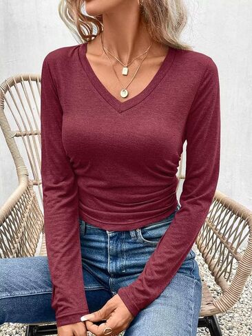 Micticsi Womens V Neck Long Sleeve Crop Top Slim Fitted Cropped T Shirts Going Out Ruched Tops in Kuwait