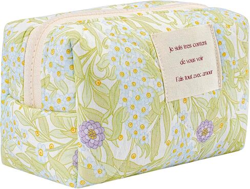 Small Floral Quilted Cotton Makeup Pouch for Women and girls,Coquette Quilted Toiletry Bag,Cute Aesthetic Mini Bag, Kawaii Travel Cosmetic Bags(A-Pink Little Flower) in Saudi Arabia