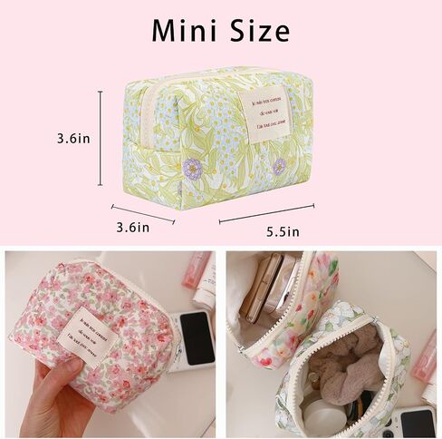 Small Floral Quilted Cotton Makeup Pouch for Women and girls,Coquette Quilted Toiletry Bag,Cute Aesthetic Mini Bag, Kawaii Travel Cosmetic Bags(A-Pink Little Flower) in Saudi Arabia