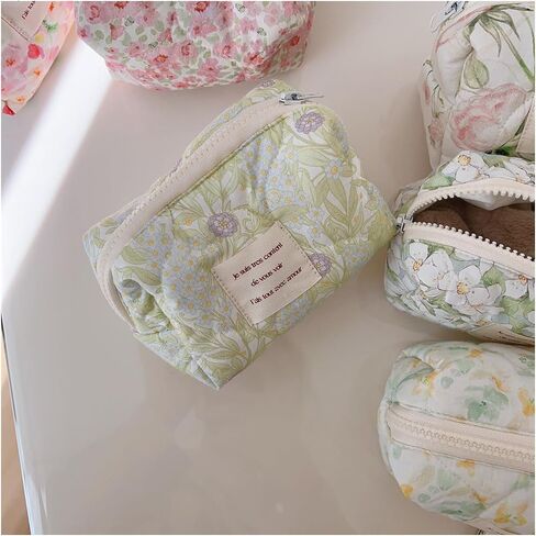 Small Floral Quilted Cotton Makeup Pouch for Women and girls,Coquette Quilted Toiletry Bag,Cute Aesthetic Mini Bag, Kawaii Travel Cosmetic Bags(A-Pink Little Flower) in Saudi Arabia