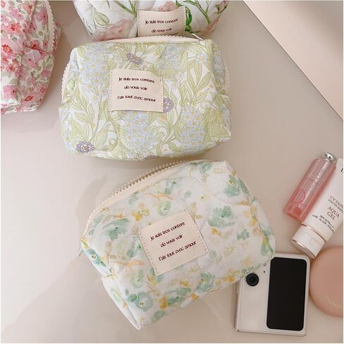 Small Floral Quilted Cotton Makeup Pouch for Women and girls,Coquette Quilted Toiletry Bag,Cute Aesthetic Mini Bag, Kawaii Travel Cosmetic Bags(A-Pink Little Flower) in Saudi Arabia