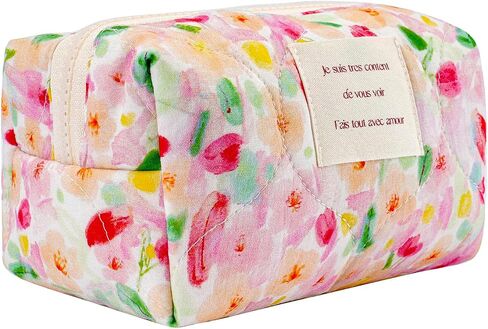 Small Floral Quilted Cotton Makeup Pouch for Women and girls,Coquette Quilted Toiletry Bag,Cute Aesthetic Mini Bag, Kawaii Travel Cosmetic Bags(A-Pink Little Flower) in Saudi Arabia