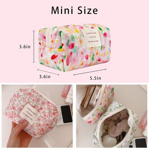 Small Floral Quilted Cotton Makeup Pouch for Women and girls,Coquette Quilted Toiletry Bag,Cute Aesthetic Mini Bag, Kawaii Travel Cosmetic Bags(A-Pink Little Flower) in Saudi Arabia