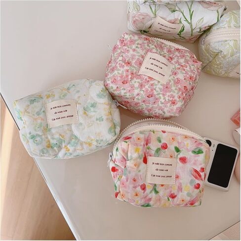 Small Floral Quilted Cotton Makeup Pouch for Women and girls,Coquette Quilted Toiletry Bag,Cute Aesthetic Mini Bag, Kawaii Travel Cosmetic Bags(A-Pink Little Flower) in Saudi Arabia