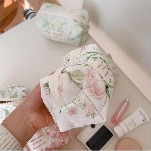Small Floral Quilted Cotton Makeup Pouch for Women and girls,Coquette Quilted Toiletry Bag,Cute Aesthetic Mini Bag, Kawaii Travel Cosmetic Bags(A-Pink Little Flower) in Saudi Arabia