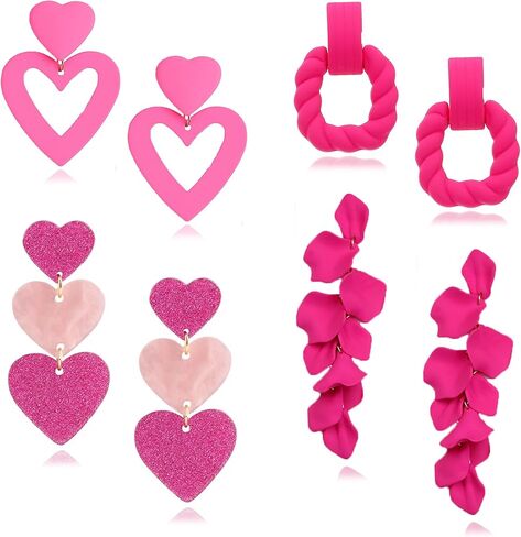 LOFITOR 4 قطع الأقراط الوردية الساخنة للنساء أقراط القلب الوردي الفاتح العصرية الوردي بيان الأقراط أرجواني قطرة تتدلى الأقراط الاكريليك الزهور البتلة الأقراط خفيفة الوزن الوردي الساخن عاشق الأقراط مجموعة in Kuwait