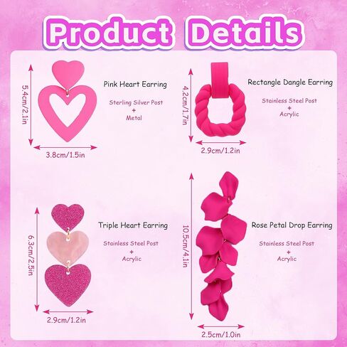 LOFITOR 4 قطع الأقراط الوردية الساخنة للنساء أقراط القلب الوردي الفاتح العصرية الوردي بيان الأقراط أرجواني قطرة تتدلى الأقراط الاكريليك الزهور البتلة الأقراط خفيفة الوزن الوردي الساخن عاشق الأقراط مجموعة in Kuwait