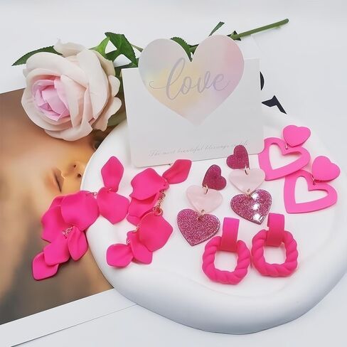 LOFITOR 4 قطع الأقراط الوردية الساخنة للنساء أقراط القلب الوردي الفاتح العصرية الوردي بيان الأقراط أرجواني قطرة تتدلى الأقراط الاكريليك الزهور البتلة الأقراط خفيفة الوزن الوردي الساخن عاشق الأقراط مجموعة in Kuwait