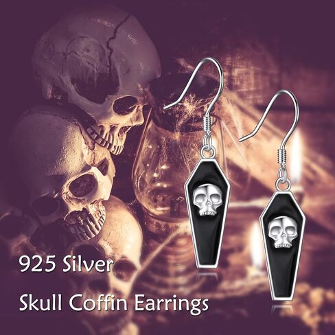 NIFUNAO Coffin Earrings Sterling Silver Skull Head Dangle Earrings Halloween Gothic Earrings Spooky Earrings Halloween Jewelry for Women Girls in Kuwait