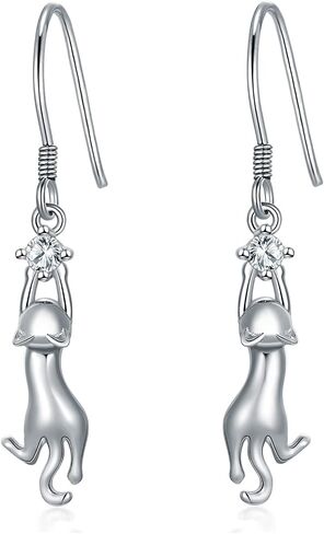 RJK Cat Earrings Sterling Silver Cat Earrings for Women Cat Dangle Earrings with CZ Ball Cat jewelry Cat Gifts for Cat Lovers Birthday Christmas Gifts for Teen Girls in Saudi Arabia