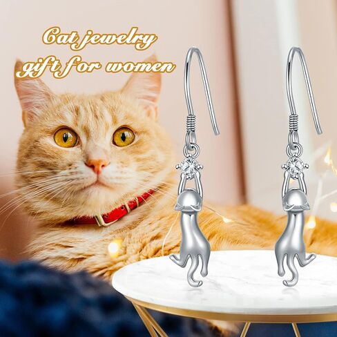 RJK Cat Earrings Sterling Silver Cat Earrings for Women Cat Dangle Earrings with CZ Ball Cat jewelry Cat Gifts for Cat Lovers Birthday Christmas Gifts for Teen Girls in Saudi Arabia