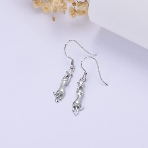 RJK Cat Earrings Sterling Silver Cat Earrings for Women Cat Dangle Earrings with CZ Ball Cat jewelry Cat Gifts for Cat Lovers Birthday Christmas Gifts for Teen Girls in Saudi Arabia