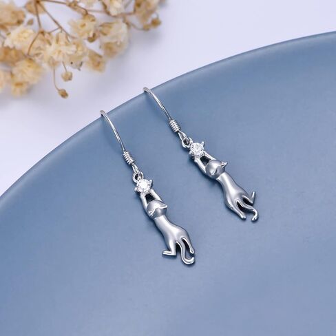 RJK Cat Earrings Sterling Silver Cat Earrings for Women Cat Dangle Earrings with CZ Ball Cat jewelry Cat Gifts for Cat Lovers Birthday Christmas Gifts for Teen Girls in Saudi Arabia