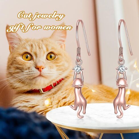 RJK Cat Earrings Sterling Silver Cat Earrings for Women Cat Dangle Earrings with CZ Ball Cat jewelry Cat Gifts for Cat Lovers Birthday Christmas Gifts for Teen Girls in Saudi Arabia