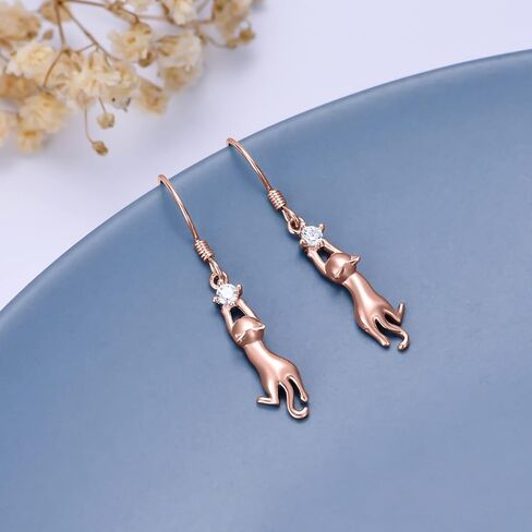 RJK Cat Earrings Sterling Silver Cat Earrings for Women Cat Dangle Earrings with CZ Ball Cat jewelry Cat Gifts for Cat Lovers Birthday Christmas Gifts for Teen Girls in Saudi Arabia
