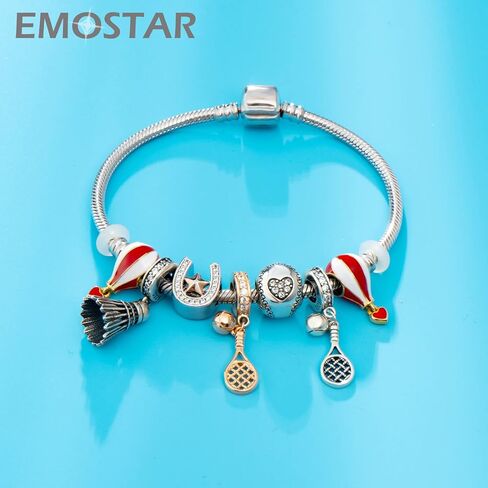 حذاء EMOSTAR المتلألئ بكعب عالٍ مع قلادة على شكل فيونكة، قلب مع ملاحظات موسيقية متدلية على شكل جيتار، خرز رياضي لمضرب تنس الريشة من الفضة الإسترلينية 925، يناسب محبي الموسيقى/سوار DIY أوروبي in Kuwait
