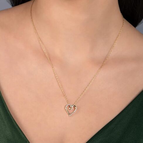 Jewelili 10k Yellow Gold Heart Pendant Necklace with Natural White Round Diamonds, 1/10 cttw, 18" Gold Filed Rope Chain in Saudi Arabia