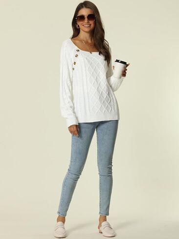 Seta T سترات نسائية عادية كابل متماسكة سترة زر ديكور كم طويل البلوز تريكو Crewneck البلوز in Saudi Arabia
