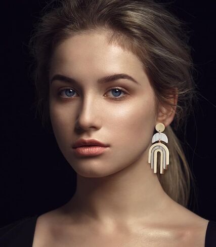 Ozel - Natural Wooden Acrylic Boho Drop Dangle Earrings for Women - Geometric Statement Jewellery - Brown, Black, Magent Red, Olive Green, White beige in Kuwait