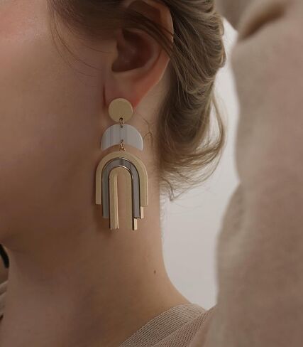 Ozel - Natural Wooden Acrylic Boho Drop Dangle Earrings for Women - Geometric Statement Jewellery - Brown, Black, Magent Red, Olive Green, White beige in Kuwait